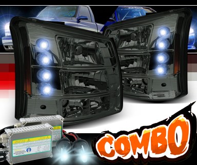 HID Xenon + Sonar® 1 pc LED Crystal Headlights (Smoke) - 03-06 Chevy Silverado (Chrome Vertical Grill Included)
