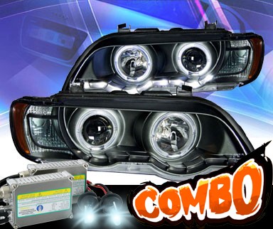 HID Xenon + KS® DRL LED Halo Projector Headlights (Black) - 00-03 BMW X5 E53