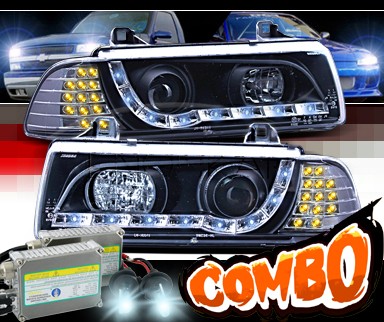 HID Xenon + SPEC-D® DRL LED Projector Headlights (Black) - 92-98 BMW 318is 2dr E36