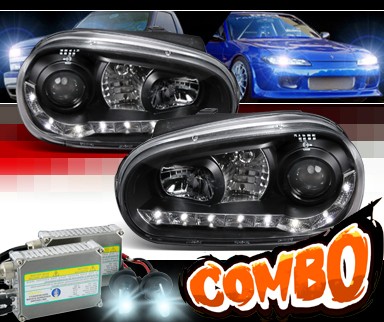 HID Xenon + SPEC-D® DRL LED Projector Headlights (Black) - 99-05 VW Volkswagen Golf IV