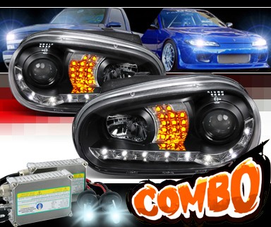 HID Xenon + SPEC-D® DRL LED Projector Headlights (Black) - 99-05 VW Volkswagen Golf IV (Version 2)