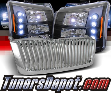 Sonar® 1 pc LED Crystal Headlights (Black) - 03-06 Chevy Silverado (Chrome Vertical Grill Included)