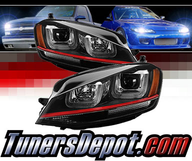 Sonar® Light Bar DRL Projector Headlights (Black) - 15-17 VW Volkswagen Golf (w/ Red Stripe)