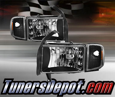 TD® Crystal Headlights + Corner Lights Set (Black) - 94-01 Dodge Ram Pickup 1500 (w/o 99-01 Sport Package)