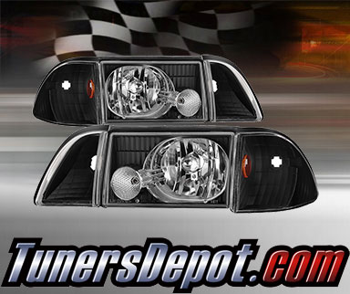 TD® Crystal Headlights + Corner + Parking Lights Set (Black) - 87-93 Ford Mustang