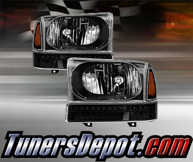 TD® Crystal Headlights + LED Bumper Lights Set (Black) - 99-04 Ford F-450 F450 Super Duty