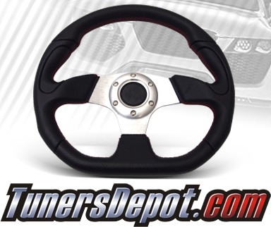 TD Steering Wheel - Flat Ring Style Black w Red Stitch and Polish Center